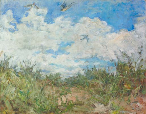 Queille XII (Flying over Wasteland) flight swallow summer rough ground mud earth grass queille 2010 Oil and Tempera on Panel Landscape Animal